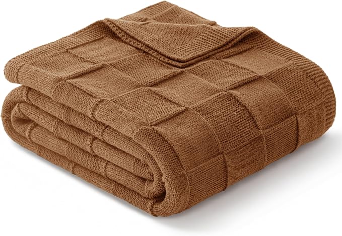 Whale Flotilla Checkered Knit Throw Blanket for Couch, Brown | Soft Decorative Knitted Blankets for Couch Sofa Bed, Lightweight Cozy Throws for Spring Summer, 60x80 Inch