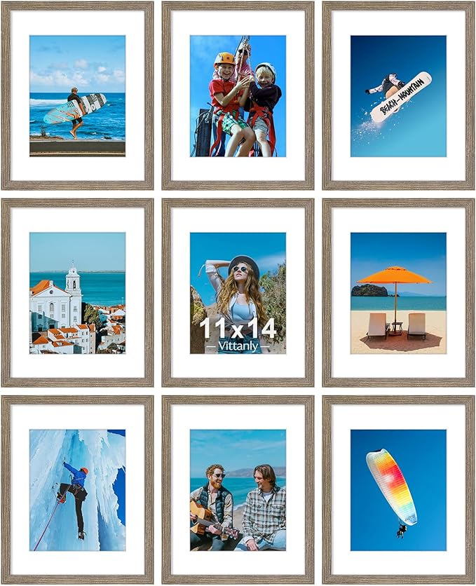 Vittanly 11x14 Picture Frames Set of 9 for Wall Mounting, Grayish Brown | Display Pictures 8x10 with Mat or 11x14 without Mat, Engineered Wood with Shatter Resistant Plexiglass, Gallery Photo Frames