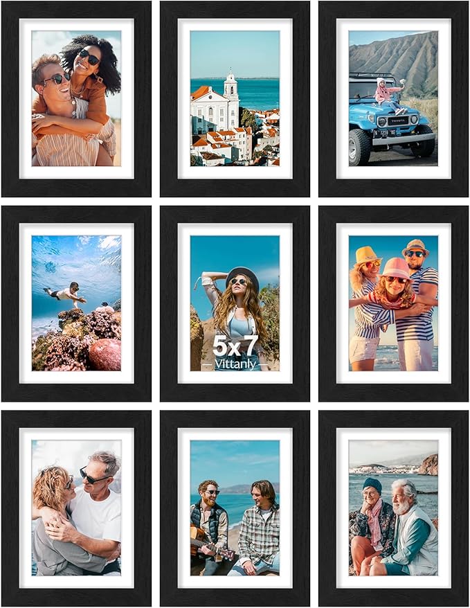 Vittanly 5x7 Picture Frames Set of 9 for Wall or Tabletop Display, Black | Display Pictures 4x6 with Mat or 5x7 without Mat, Small Photo Frames, Engineered Wood with Shatter Resistant Plexiglass