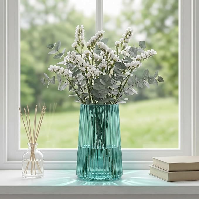 Green Glass Vase for Flower, Flower Vase for Bouquet, Modern Glass Vases, Ribbed Vases for Living Room, Bedroom, Dining Table, Office, Wedding, Centerpieces, 8 Inches