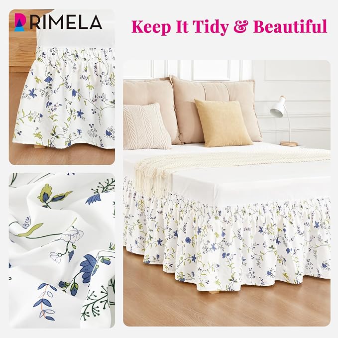 Sweet Blueberry Bed Skirt Queen 15" Drop, Elastic Wrap Around Bedskirt | Solid Ruffled, Easy to Use, No Mattress Lifting, Wrinkle & Fade Resistant, with Adhesive Strips, Machine Wash/Dry/Iron