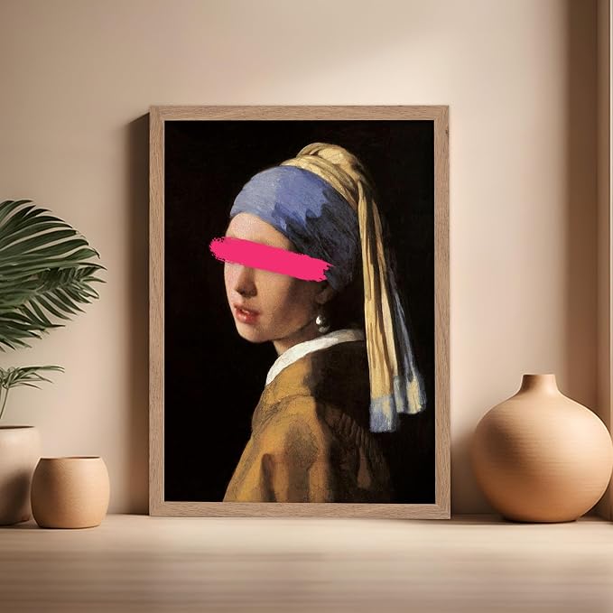 Poster Master Girl with a Pearl Earring Painting Print - Baroque Portrait Poster - Altered & Pop Art - Gift for Men & Women - Decor for Bedroom, Living Room or Office - 16x20 Beige Framed