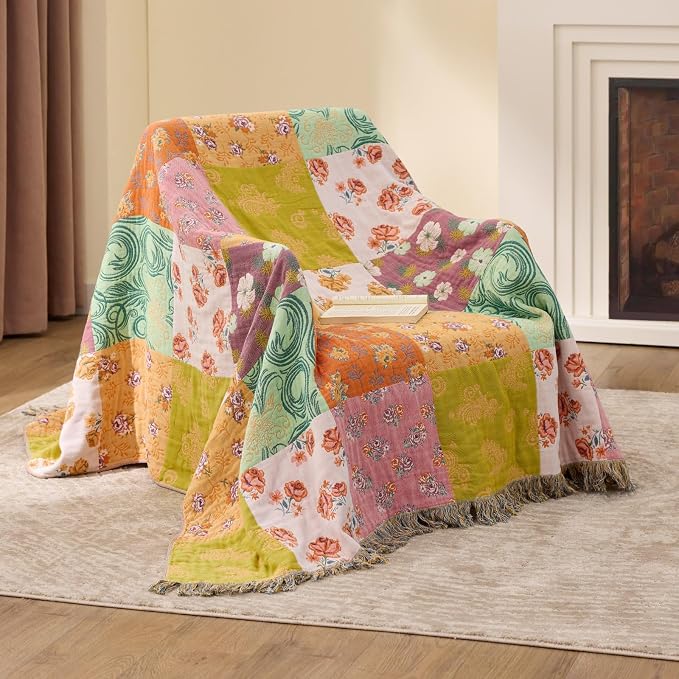 RILIHO 100% Cotton Boho Throw Blanket for Home Decor – Classic Farmhouse Quilt Bedding, Muslin Blankets for Adults, Vintage Woven Decorative Blanket for Couch, Bed Layering Use, Patchwork, 60"x80"