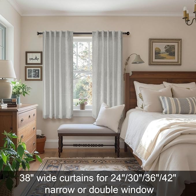 Grey Curtains 38 Inch Width for Kitchen Windows 2 Panels Back Tab Rod Pocket Linen Sheer Cafe Tier Light Filtering Short Curtains for Bedroom Laundry Room Closet Door Decor Wide 38x45 Long Light Gray