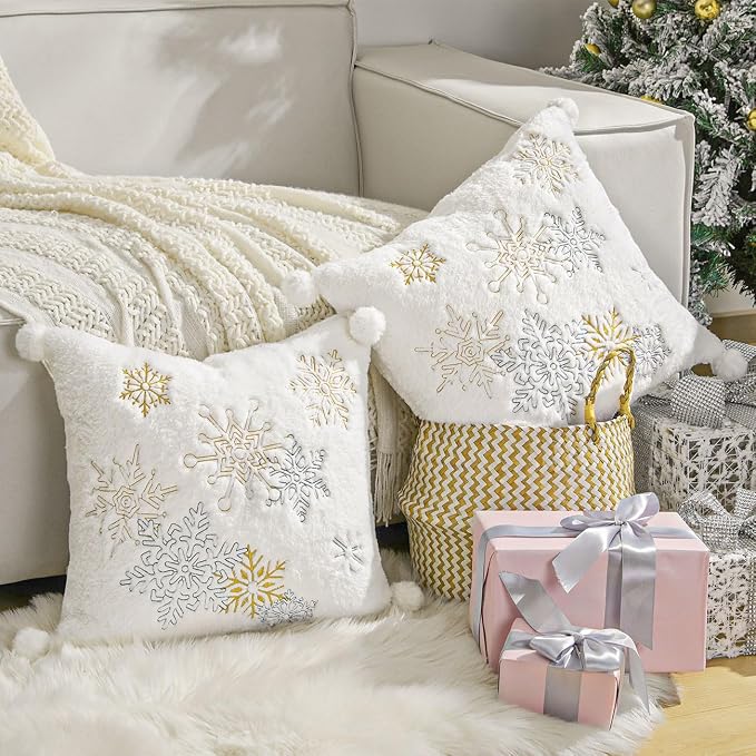 Lewondr Christmas Pillow Cover, Snowflake Embroidered, 18x18 Inch, Set of 2 | Double-Sided Faux Fur, Cozy Soft Decorative, Plush Ball, Luxury Embroidered, For Bed Home Decor Living Room