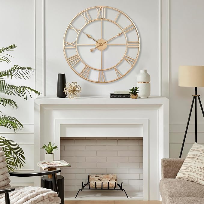 CLXEAST Silent 24 Inch Wall Clock for Living Room Decor,Gold Roman Numeral | Non Ticking,Thicker Champagne Gold Metal Wall Clock for Dinning Room,Entryway,Home Office & Fireplace Decor