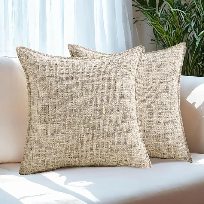 HAUSSY Pack of 2 Chenille Tweed Throw Pillow Covers 18x18 Inch, Beige
