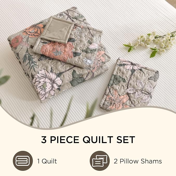 Litanika Floral Oatmeal Quilt Queen - 3Pcs Botanical Birds Bedding Set | Bedspread Summer Lightweight Soft Coverlet with Orange Flower for All Seasons (96"x90")