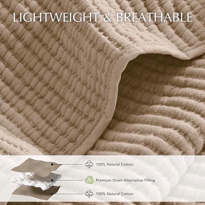 EVERGRACEHOME Cotton Ribbed Matelassé Coverlet Set, King Size, Urban Taupe | Soft Lightweight Bedspread, 3 Pieces, Breathable Cozy Oversized Quilted Bedding Set for All Seasons, with 2 Pillow Shams