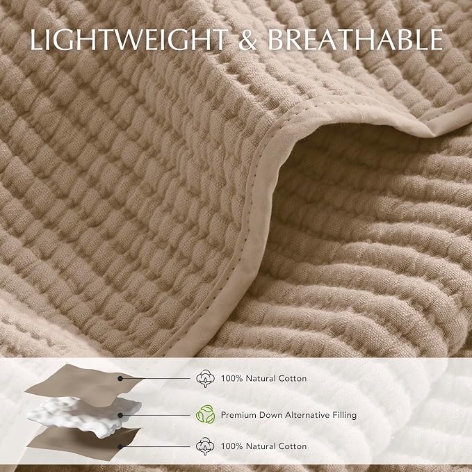 EVERGRACEHOME Cotton Ribbed Matelassé Coverlet Set, Queen Size, Urban Taupe | Soft Lightweight Bedspread, 3 Pieces, Breathable Cozy Oversized Quilted Bedding Set for All Seasons, with 2 Pillow Shams