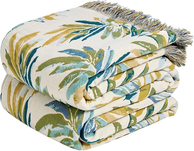 MSGKV Boho Throw Blanket 50"x60" 100% Cotton Leaves Muslin Throw for Couch | 100% Cotton Blanket, Leaves Throw Blanket, Reversible Weave, Soft & Breathable, Nature Home Decor, Machine Washable