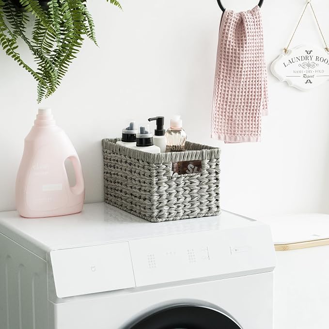 GRANNY SAYS Wicker Storage Baskets for Organizing, Basket Organizer, 2-Pack | Waterproof Wicker Baskets with Handles, Cabinet,Coffee Table,Gray Plastic Baskets for Shelves,Handwoven Bathroom Storage Bins