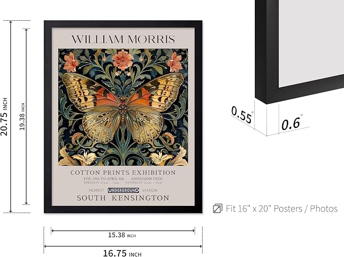 Monem Art William Morris Poster - Butterfly Print - Flower Art - Botanical Poster - Moth Illustration - Floral Creation - Aesthetic Living Room Decor - 16x20 Black Framed