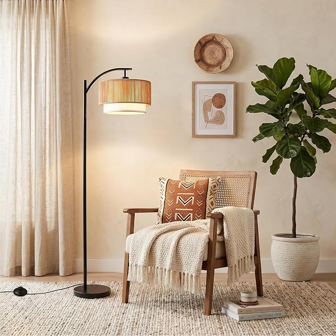 TJOY Arc Floor Lamp for Living Room, Boho Rattan & Fabric Shades