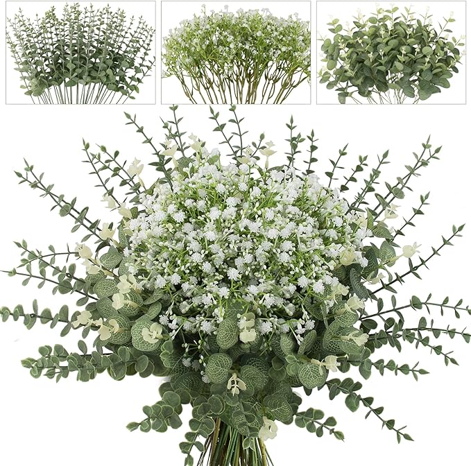 lovemoon 100 Pcs Mixed Greenery Artificial Eucalyptus Stems, Baby Breath Artificial Flowers Bulk and Eucalyptus Leaves for Wedding Bouquets Home Office Floral Decor (100, Green and White)