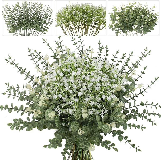 lovemoon 200 Pcs Mixed Greenery Artificial Eucalyptus Stems, Baby Breath Artificial Flowers Bulk and Eucalyptus Leaves for Wedding Bouquets Home Office Floral Decor (200, Green and White)