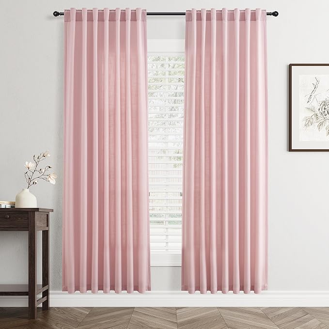 Jowels Pink Linen Curtains 78 Inch Long 2 Panels for Living Room | Light Filtering Semi Sheer Curtain, Back Tab Pocket Pleated Look, Boho Farmhouse Textured Privacy Drapes for Bedroom Window