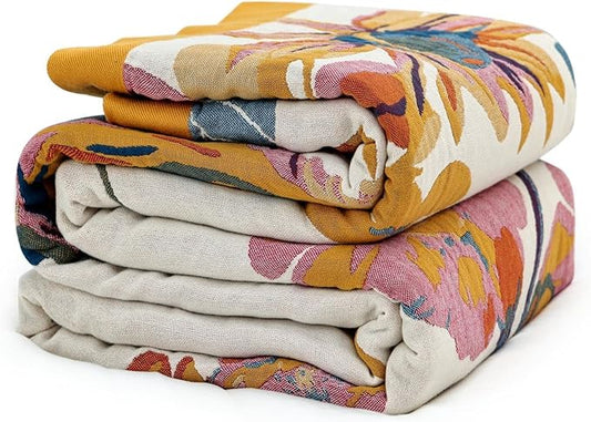 MSGKV Boho Throw Blanket 50"x60" Cotton Throw for Couch Sofa, Floral Quilt | Cotton Throw, Floral Butterfly, Summer Blanket, Breathable Lightweight, Living Room Decor, Soft Comfort, Machine Washable