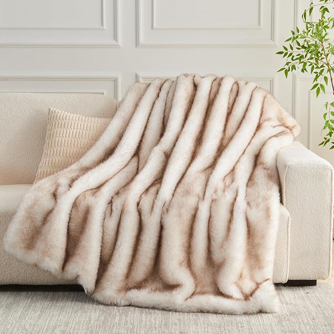 NEWCOSPLAY Faux Fur Thick Twin Blanket for Couch, Beige, 60"x80" | Luxury Fluffy Thick Warm Blanket for Couch Sofa Bed 1000GSM, Soft Plush Cozy Decorative Throw, Gift for Women Men