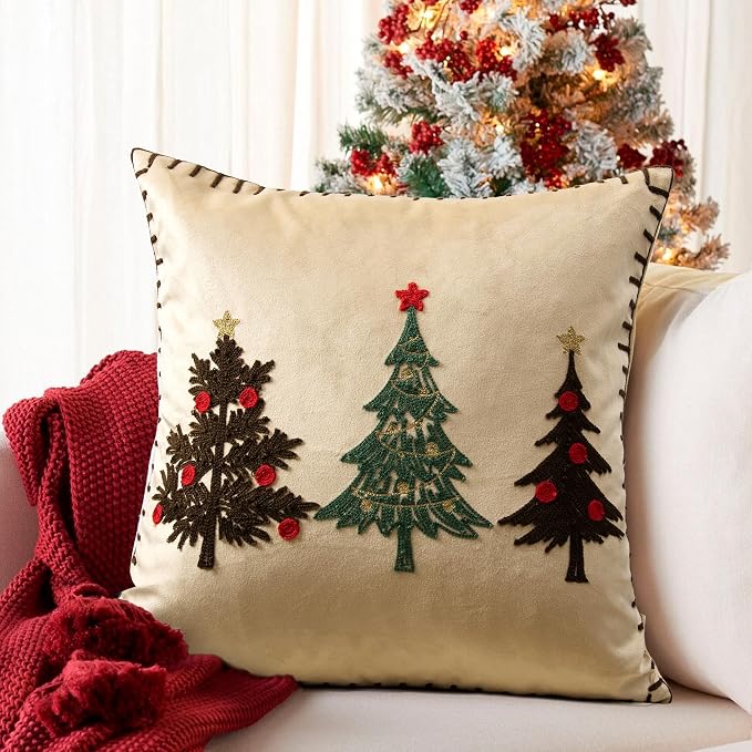 Christmas Tree Pillow Covers 18x18 Inch Gold Embroidered Tree Throw Pillows for Holiday Decorations - Cushions for Couch, Sofa, Bed, Living Room, Bedroom