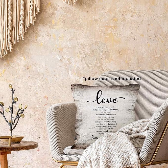 Vintage Christian Bible Verse Love Never Fails Throw Pillow Covers 18x18, Rustic Scripture Corinthians Decor Pillow Cases for Bedroom Living Room, Religious Decorative Pillowcase for Couch Bed