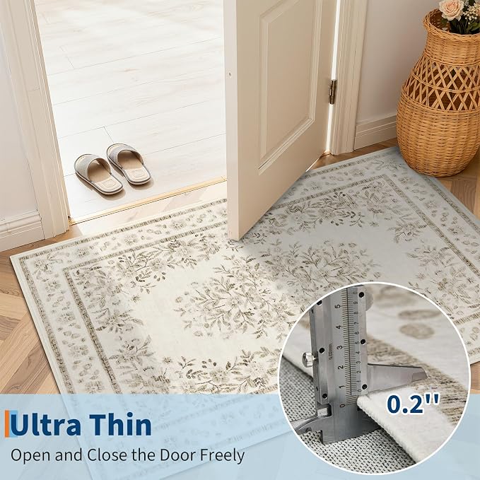 GarveeHome 5x7 Floral Rug for Dining Leaf Flower Botanical Bordered Carpets | Vintage Distressed Beige Floral Bedroom Rug Low Pile Machine Washable Non-Slip Area Rug for Guest Room Living Room