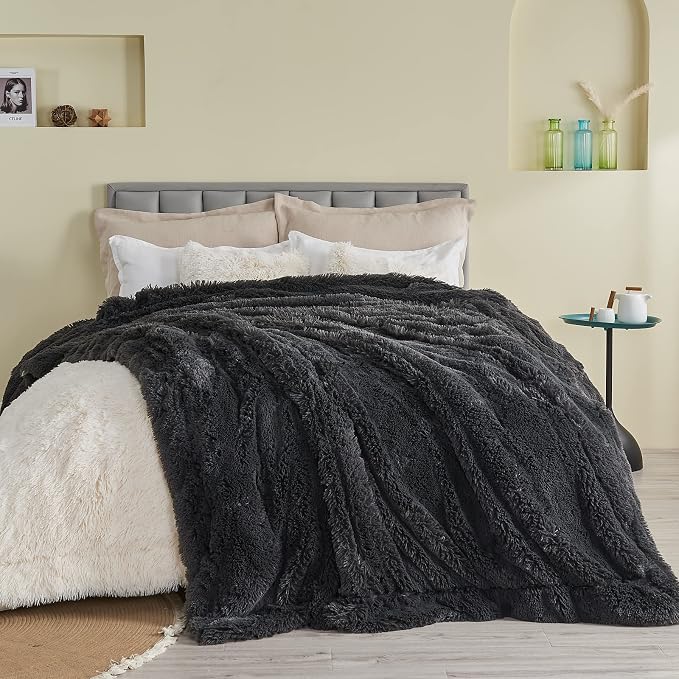 GONAAP Fuzzy Faux Fur Queen Blanket for Couch, Dark Grey, 90"x90" | Warm Cozy Plush Shaggy Decorative Reversible Thick Non-Heated Fleece Blanket for Sofa Bed, Gift for Women Men, All Season Use