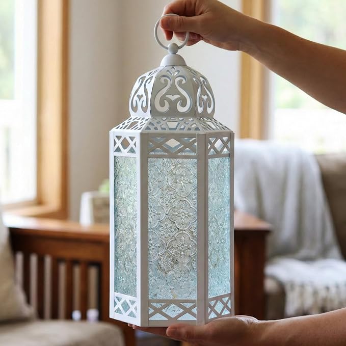 Vela Lanterns Decorative Indoor White Fairy Light Wedding Candle Holder, L | Fantasy Moroccan Decor, Ramadan & Eid Table Centerpieces, Metal Hanging Flameless LED Lamp, Outdoor Porch Patio, 12" Tall