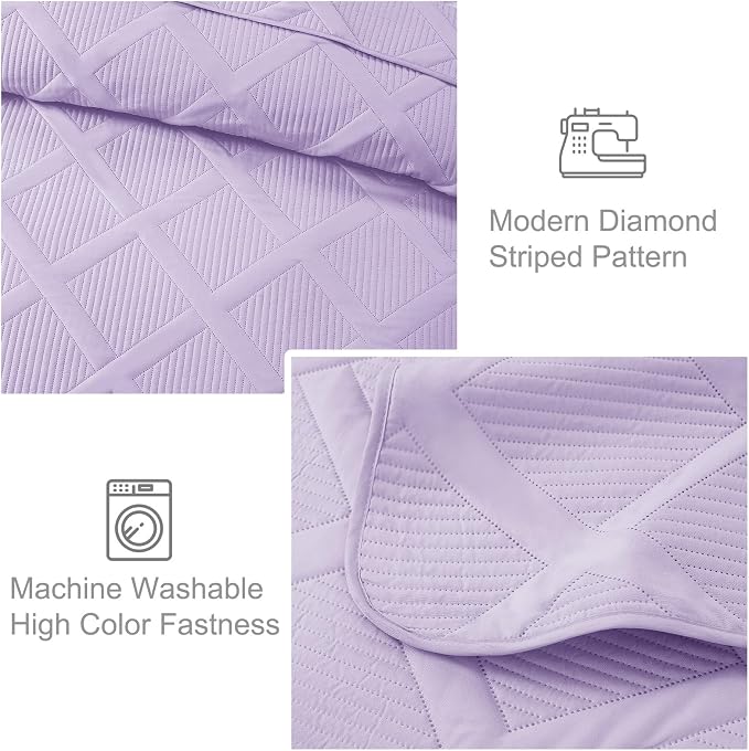Exclusivo Mezcla Quilts Queen Size, Lilac | Soft Bedspreads with 2 Pillow Shams, Modern Striped Pattern, Lightweight Bedding Set Coverlets for All Seasons, 90x96 Inch