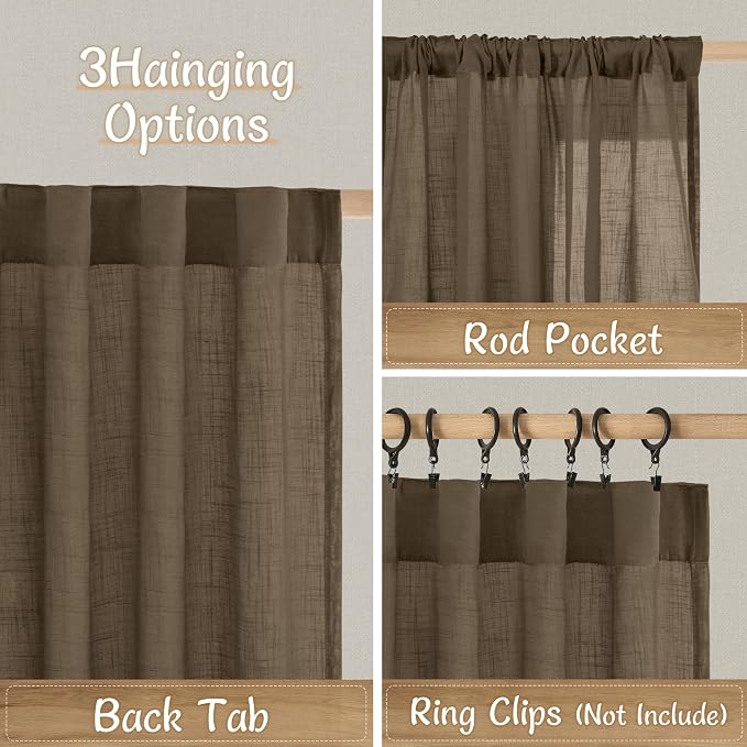 Brown Sheer Curtains 102 Inch Faux Linen Back Tab 2 Panels