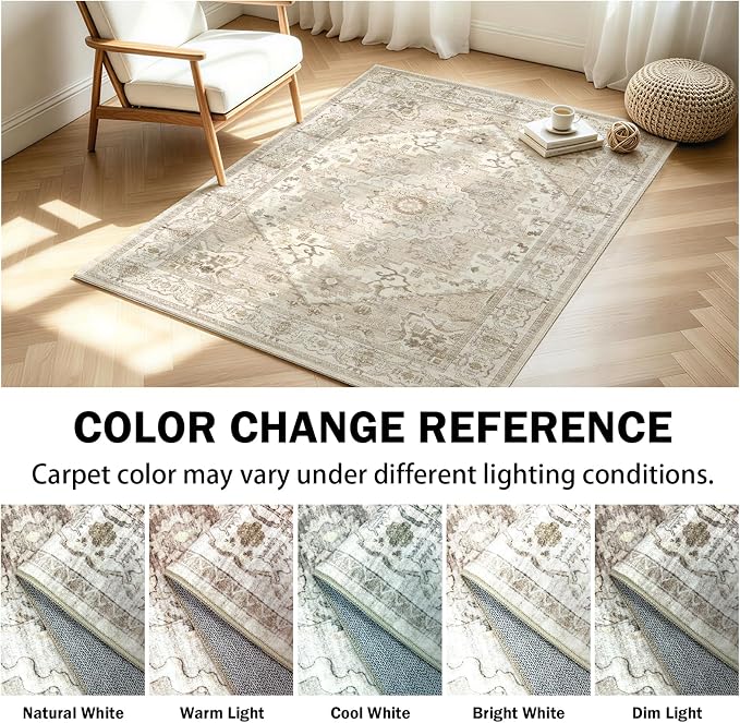 AooHHooA 3x5 Washable Entryway Rug Beige, Soft Stain Resistant 3x5 Boho Rug Vintage Small Rugs for Entryway, Low Pile Lightweight Non-Slip Indoor Door Mat Small Rugs for Bedroom Bathroom