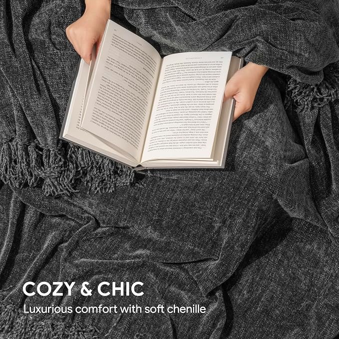 RECYCO Chenille Throw Blanket for Couch, 50"x60", Dark Gray | Super Soft Knit Throw Blanket with Fringe Tassels, Lightweight Knitted Throw, Cozy, Ideal for Sofa Chair Bed Living Room Gift