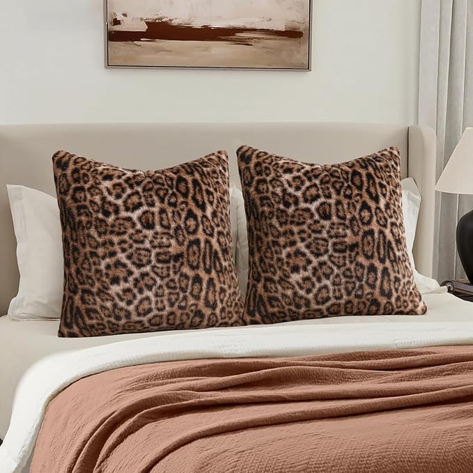 cygnus Faux Fur Cheetah Print Pillow Covers 20x20 inch | Set of 2 Leopard Couch Pillowcase ,Fluffy Fuzzy Decorative Square Throw Pillows, for Couch Sofa Living Room Bedroom Decor