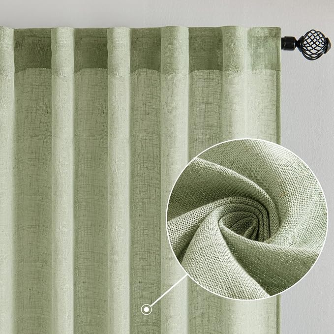MIULEE Sage Green Linen Curtains 52x72 Inch Length for Bedroom Living Room | Soft Thick Linen Textured Window Drapes,Semi Sheer Light Filtering,Back Tab Rod Pocket,Burlap Look,Farmhouse Decor,2 Panels