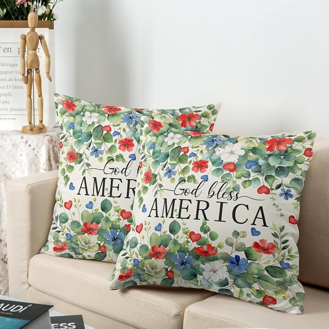 4th of July Patriotic Pillow Covers Memorial Day Red White Blue Flower Throw Pillow Covers 20x20 Set of 2 God Bless America Pillow Cases Eucalyptus Leaf Cushion Cases for Home Sofa