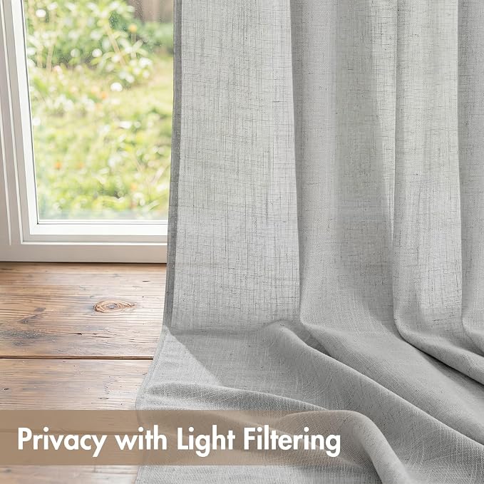 MIULEE Gray Back Tab Linen Curtains 4 Panels 42W x 102L | Linen material, light filtering, rod pocket back tab hanging, farmhouse decor for living room bedroom