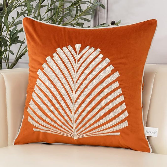 Aeckself Burnt Orange Farmhouse Throw Pillow Cover 18 x 18 Inch, Tree Leaves Embroidery Velvet Square Cushion Case Luxury Decorative Pillowcase for Couch Living Room Bedroom
