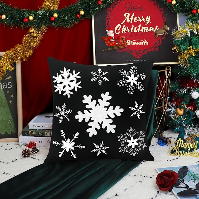 BRAWARM Christmas Pillow Cover 20 X 20 Inches, Black Snowflake Embroidered Pillow Cover, Soft Velvet Decorative Throw Pillow for Couch Bed Sofa Living Room Home