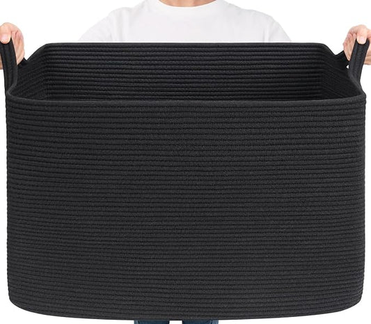Goodpick 105L Extra Large Woven Rope Blanket Basket, Rectangle, Black | 25'' x 16'' x 16'' Storage Basket for Blankets, Pillows & Clothes, Living Room, Bedroom & Nursery Organization, Handles