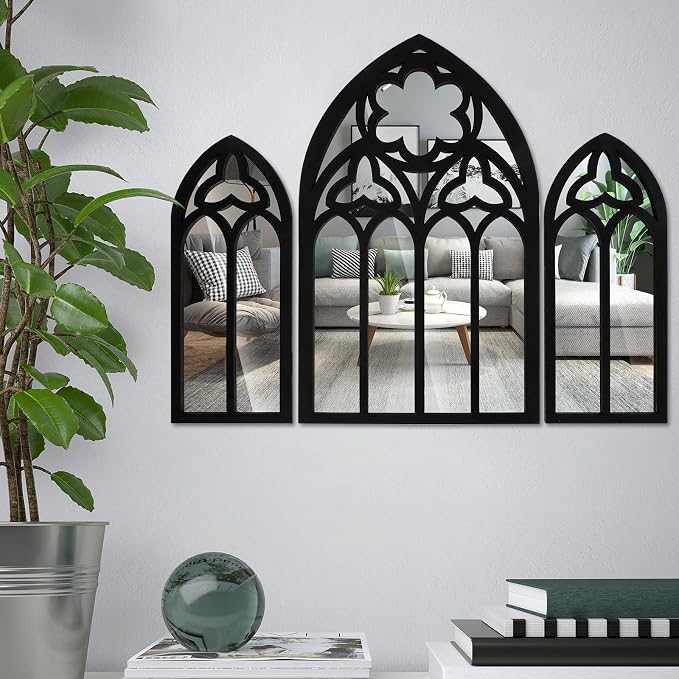3Pcs Wall Arch Mirrors Set Gothic Wall Mirror Decor Cathedral Arched Mirror Decor Decorative Arched Wall Mirror for Living Room Bedroom Entryway Bathroom Vanity(white)