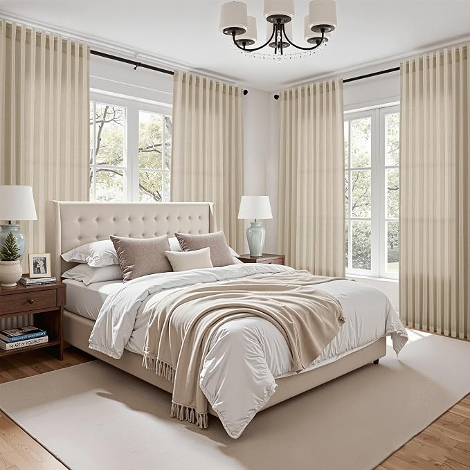Eggshell Beige Curtains for Living Room 72 Inches Long Linen Blend Luxury Light Filtering Semi Sheer Curtain Back Tab Rustic Decor Neutral Elegant Drapes for Bedroom Office 52x72, 2 Panels