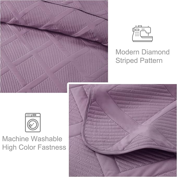 Exclusivo Mezcla California King Size Quilt, Dusty Lavender | Soft Bedspreads with 2 Pillow Shams, Modern Striped Pattern, Lightweight Bedding Set Coverlets for All Seasons, 112x104 Inch