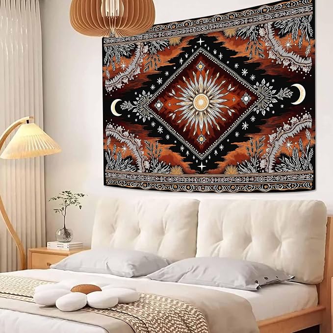 Accnicc Hippie Sun and Moon Tapestry Boho Mandala Floral Wall Tapestry for Bedroom Aesthetic Vintage Plant Celestial Dark Brown Small Tapestries Wall Hanging for Dorm Living Room Decor 48 x 36 Inch