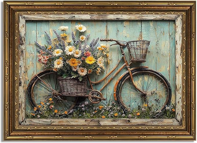 Gold Framed Rustic Farmhouse Daisy Floral Wall Art Vintage Bicycle Flower Painting Picture Canvas Wall Decor Country Still Life Poster Print for Bathroom Living Room Bedroom Home Decoration 12x16in