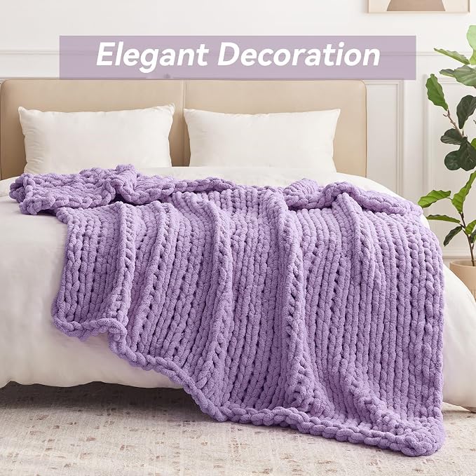 Negwoo Chunky Knit Throw Blanket, Knitted Throw Chenille Yarn, 80"*90" | Soft Thick Cable Knitted Blankets, Handmade Big Thick Blanket,Machine Washable Cute Comfy Blanket for Home Decor,Light purple