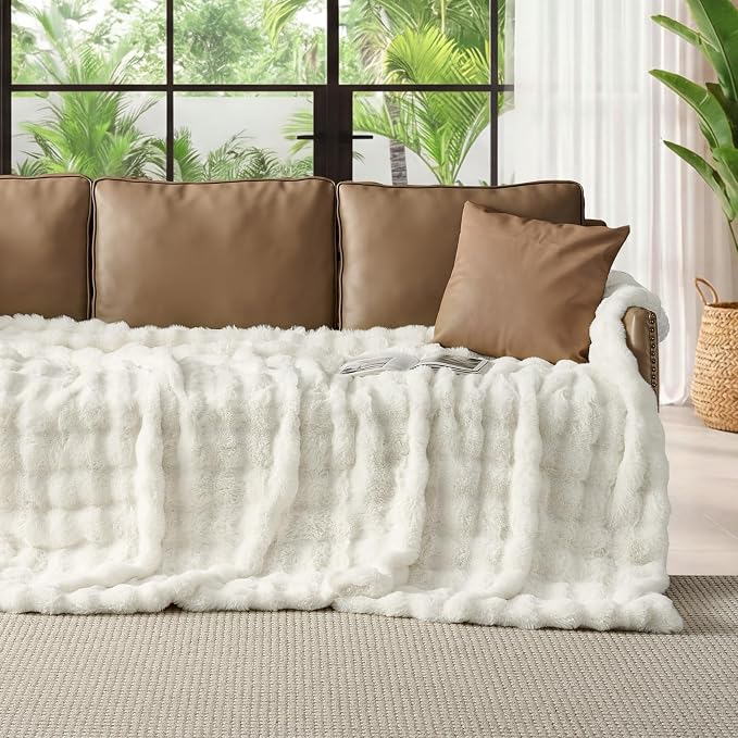 Lotus Karen King Size Faux Fur Blanket Cream White - Big Bubble Rabbit Fluff Throw for Bed Large Fluffy Fuzzy Cozy Thick Furry Plush Shaggy Blankets 108x90 Inches