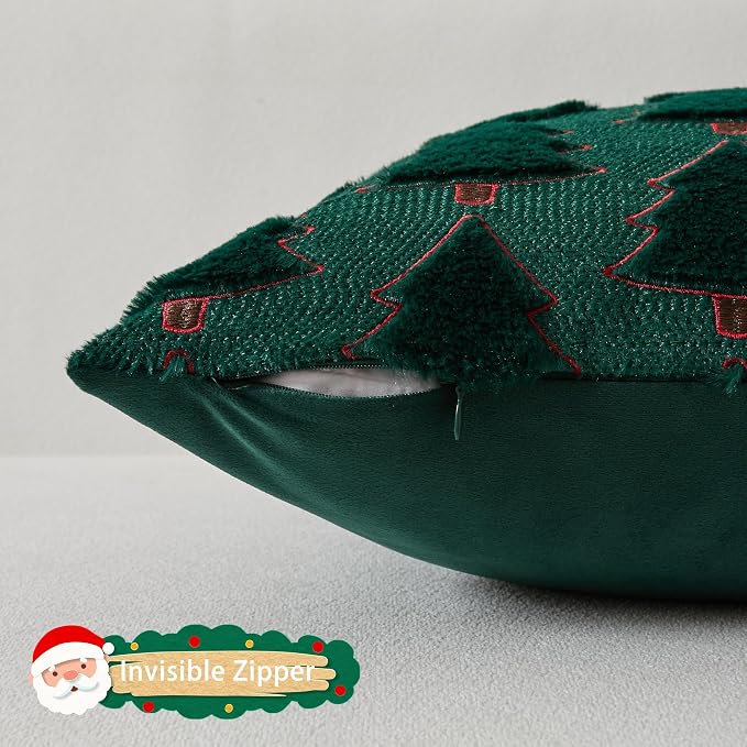 UGASA Christmas Tree Pillow Covers 18x18 Inch Set of 2 Soft Plush Faux Fur Luxury Embroidery Decoration Pillowcases for Couch Sofa Holiday Festivals Winter Xmas Gift, Dark Green & Red