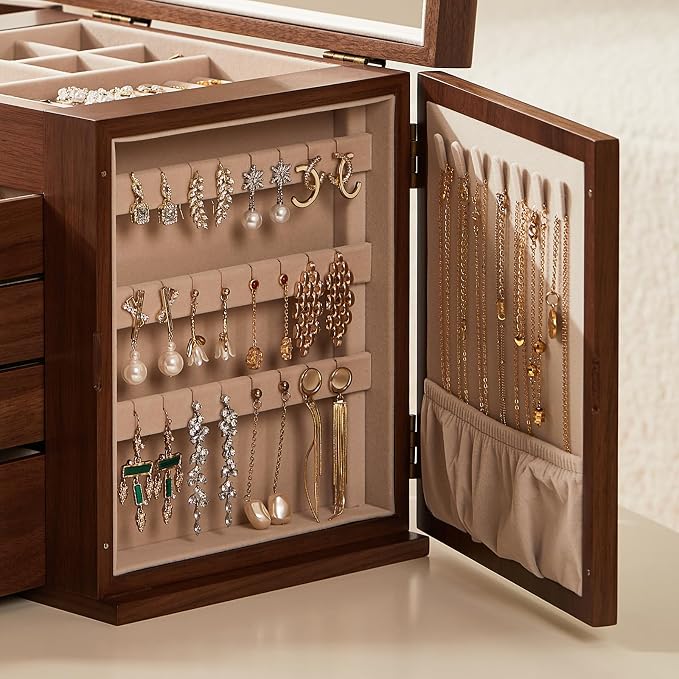 Black Walnut Wooden Jewelry Box for Women, 5 Layer | With Mirror, Lockable Top Lid, Velvet-Lined, Large Wood Jewelry Organizer For Watch Necklace Ring Earring, Gift