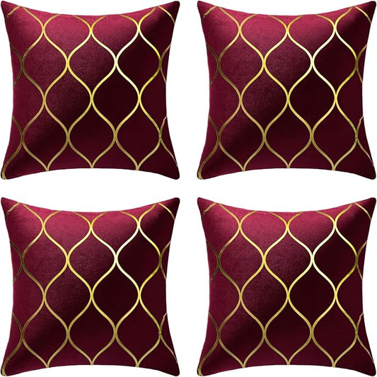 Gyulin Pack of 4 Gold Velvet Throw Pillow Covers 18x18 Inches Solid Square Pillow Covers Geometric Cushion Covers for Couch Sofa Home Bedroom Decor, Burgundy Red