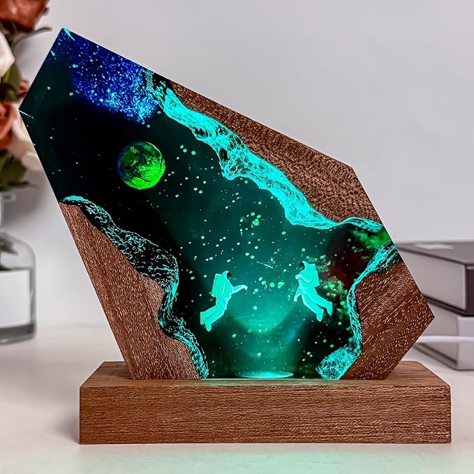 Handmade Galaxy Resin Lamp, 3D Cosmic Universe Lamp with Wooden Base